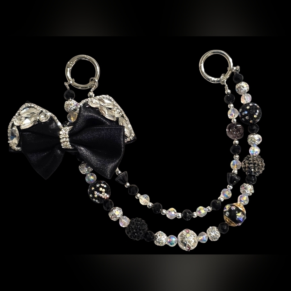 Elegant Black and Silver Beaded Bow Bag Charm